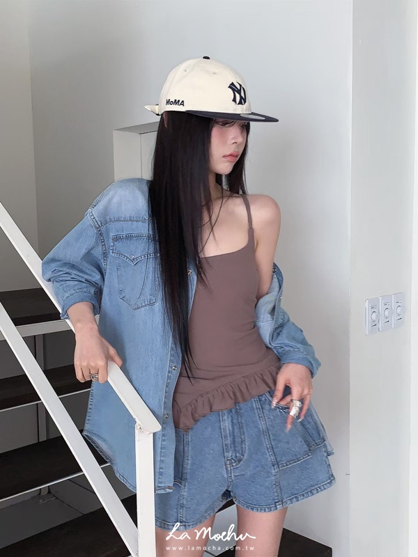 荷葉邊坑條棉背心